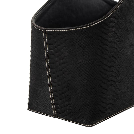 17" Black Leather Handmade Box Style Decorative Magazine Holder with Detail Stitching & Curved Buckle Handles